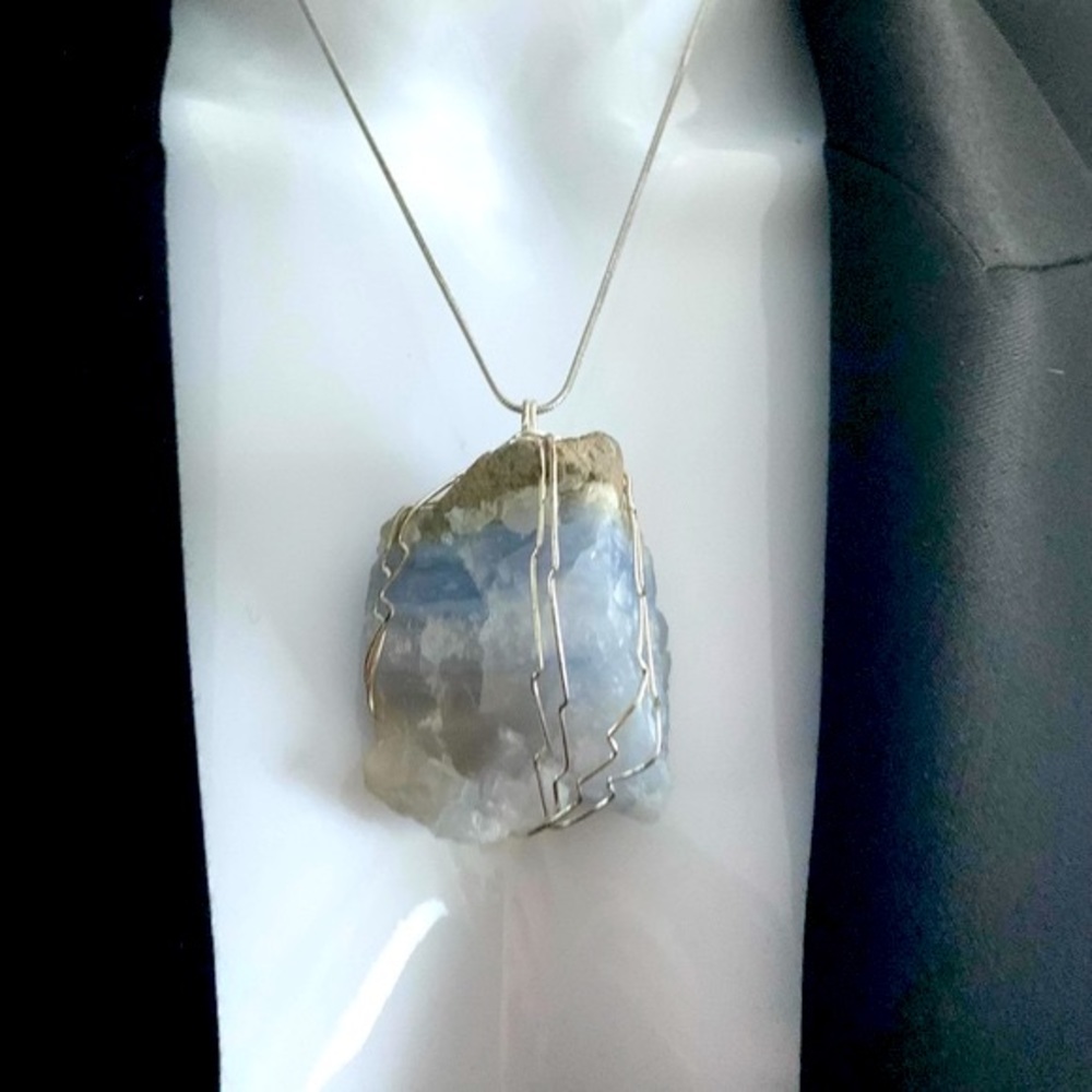 Large light blue semi-precious stone pendant & shiny silver tone necklace chain